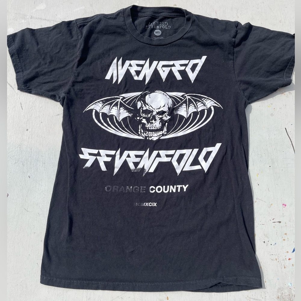 Men's Avenged Sevenfold T-Shirt Black OC Logo M Spell-Out Emo Rock Y2K A7X Metal